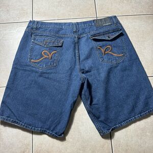 NICE Rocawear Men’s 48B Embroidered Skate Designer Blue Denim Y2K Jean Shorts